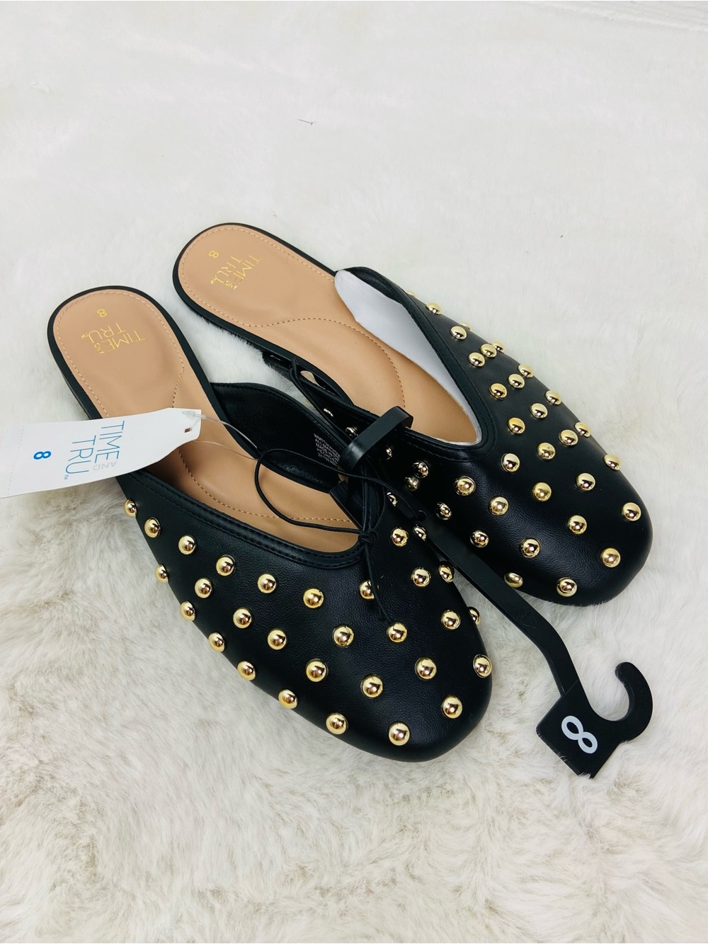 NWT TIME AND TRU faux leather Black & gold Studded Slip-On Flats SZ 6, 7 & 8